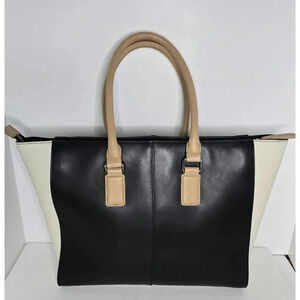 CHARLES JOURDAN "KAMERON" Color Block TOTE SHOULDER BAG Black/Ivory Leather
